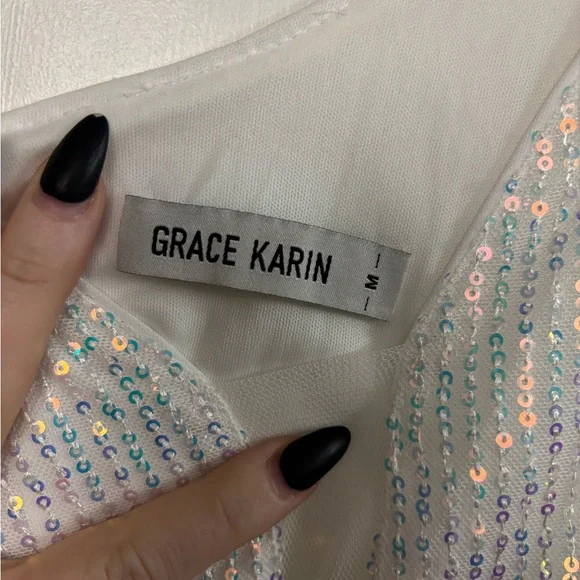 Grace Karin White Sequin Plunge Mini - Picture 6 of 8